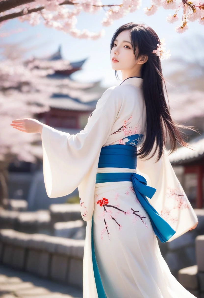 1 girl,black hair, flowing hair, Coast,sight,sight,Cherry Blossom, falling petals, sunlight,divine light,upper body, color,skirt,kimono