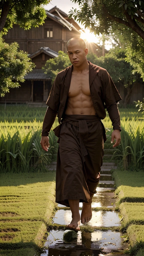Monks,Looks kind.,Soft sunlight in the morning,Walking through the rice fields,high resolution, best quality, 3D anatomically correct,