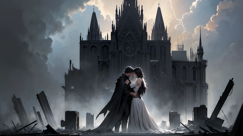 • Gothic Cathedral in Ruins:
• A grand, gothic cathedral in a state of decay.
• Dim, haunting light filtering through broken stained glass windows.
• An anguished figure or silhouette standing amidst the ruins.
• Creepy, Abstract Embrace:
• Abstract, dark shapes or forms twisted together in a painful, almost ghostly embrace.
• Distorted, anguished faces emerging from the shadows or fog.
• A color palette dominated by deep blacks, grays, and muted reds.
• Angry Sky with Symbolic Imagery:
• A tempestuous sky with angry, dark clouds and flashes of lightning.
• An overbearing, shadowy figure or silhouette, possibly representing a deity or spirit, looming in the clouds.
• Harsh, metallic fonts for the album title and band name integrated into the scene.