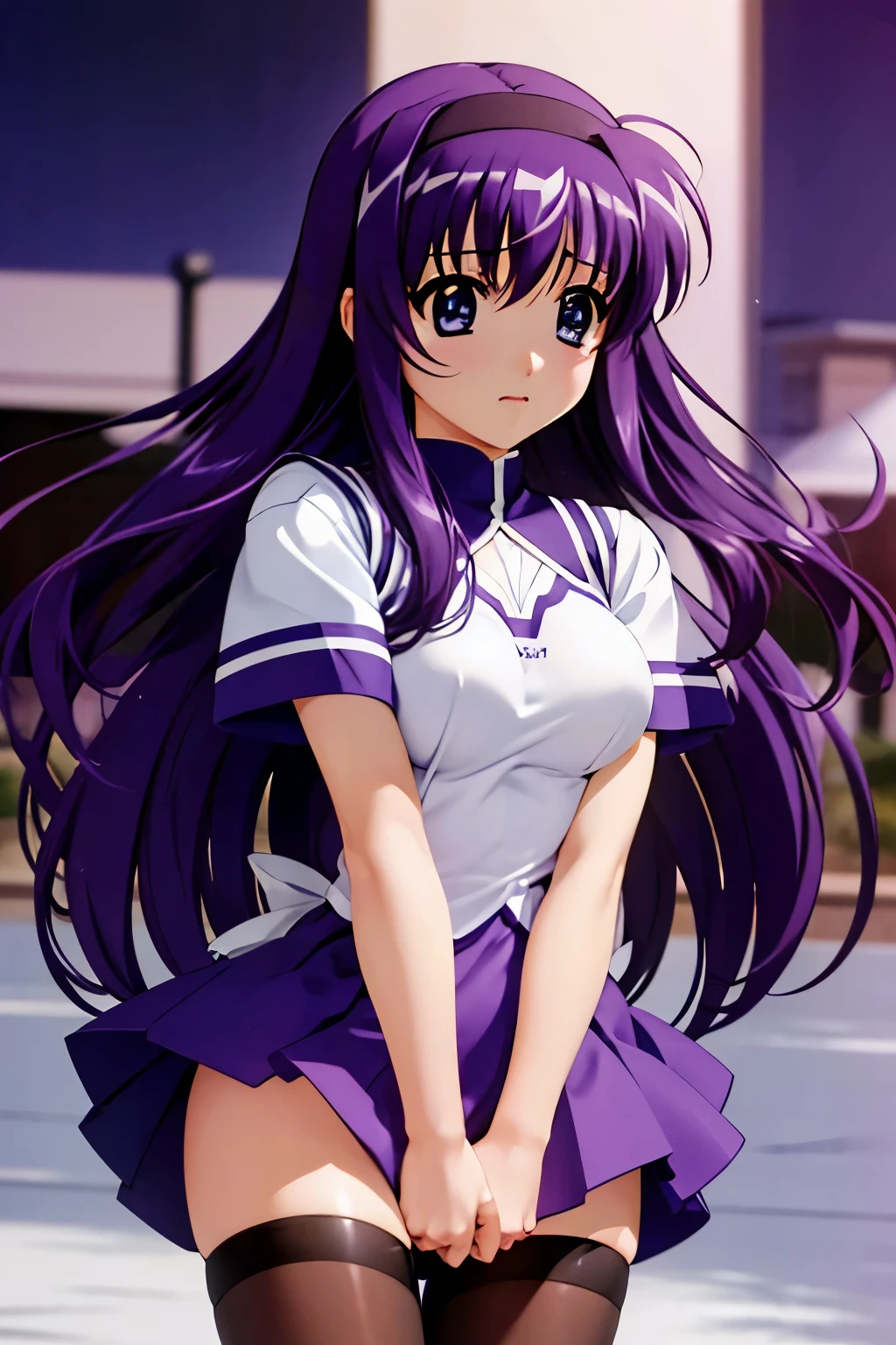 Suzuka Tsukimura、suzuka、"Magical Girl Lyrical Nanoha"、Purple Hair、long hair、hair band、Big Breasts、high school girl、Night Clan、leotard、薄いleotard、透けたleotard、Feeling embarrassed、blush、Watery eye、Hands clasped behind back（（（ＳＦＷ、sound、Highest quality、first-clasasterpiece、Normal body、8k、Detailed face、Ultra-precision、Normal hand、Normal finger、５Finger、Highest）））