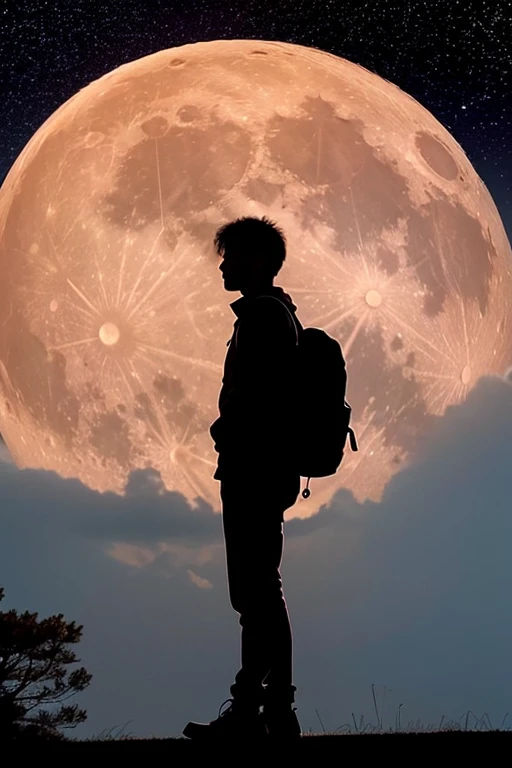 Highest quality,Big moon and shadow,A silhouette of a person can be seen against the backdrop of a large moon.,There is one full moon,There is a mood,Beautiful scenery,Starry Sky