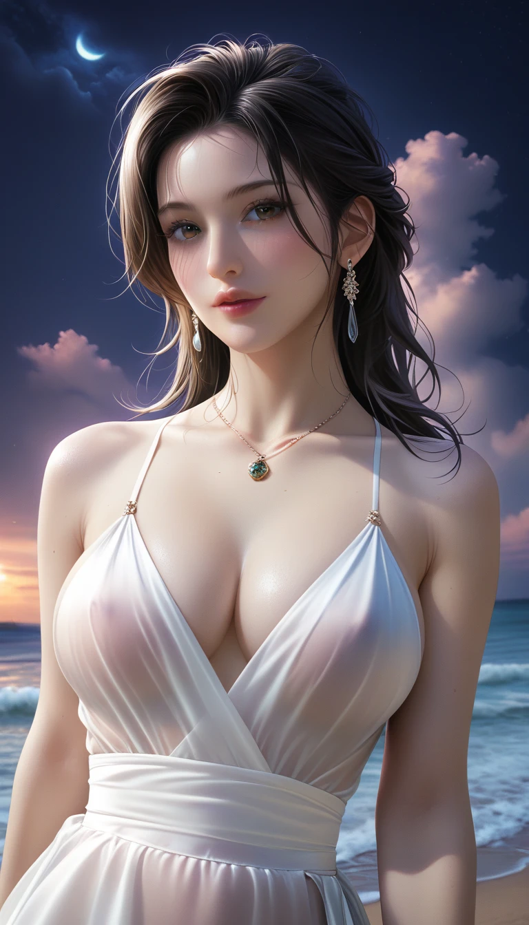 score_9, score_8_superior, score_7_superior, Masterpieces with up to 16K resolution,Highest quality,it is really amazing,Very detailed,Ultra-high resolution,(Ultra-realistic:1.1),(Realistic:1.1),Increased depth of field,Cinematic lighting,
Elegant Japanese MILF,
Long black hair,Ultra-detailed and beautiful face,Translucent white skin,Realistic skin texture,
(Elegant swimwear:1.1),
Bold design,Artistic design,Beautiful and detailed pattern,Detailed fabric texture,
Gorgeous necklace,Earrings,
(Deserted beach at night:1.4),(Dark night sky with dark clouds:1.4),
(Dramatic Angle:1.1),