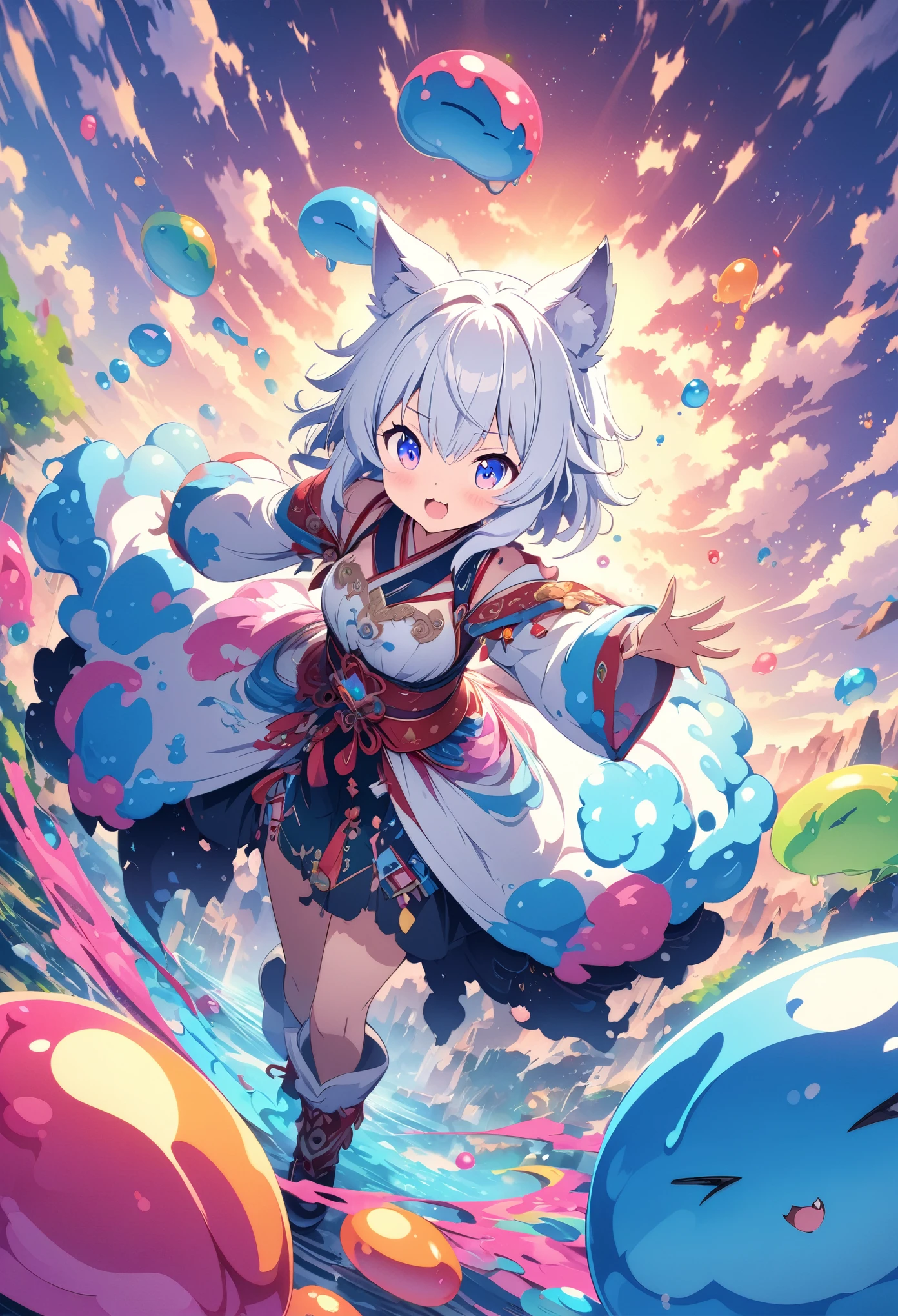 Little, (masterpiece:1.2), (Highest quality:1.2), Ultra-high resolution, Very detailed, Perfect lighting, Wolf Girl, White Hair, National costume, Otherworldly fantasy, Colorful slime,Countless Slimes,cute, Dynamic Angle, Dynamic Pose, Digital anime art,Anime style illustrations,Anime illustration,Colored Background,High Contrast