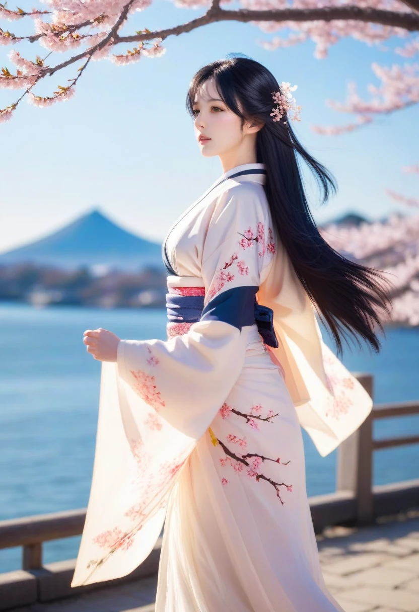 1 girl,black hair, flowing hair, Coast,sight,sight,Cherry Blossom, falling petals, sunlight,divine light,upper body, color,skirt,kimono