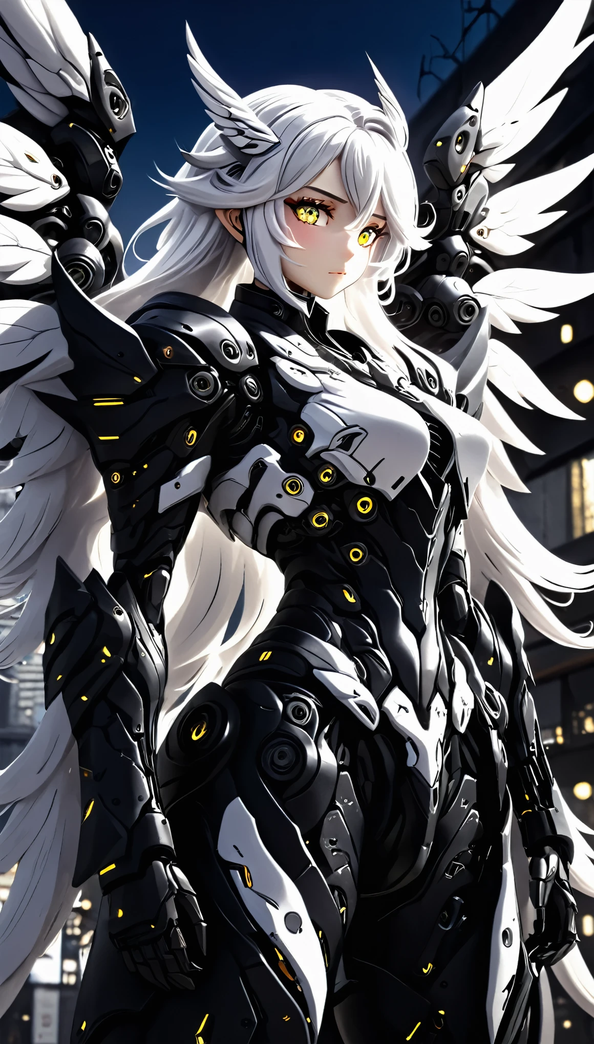 white hair, messy hair, long wavy hair, atmospheric perspective, 8k, super detail, best quality, cinematic lighting, masterpiece, Mechanical body, black steel body parts, large wings growing from its back, detailed face, detailed eyes, anime style