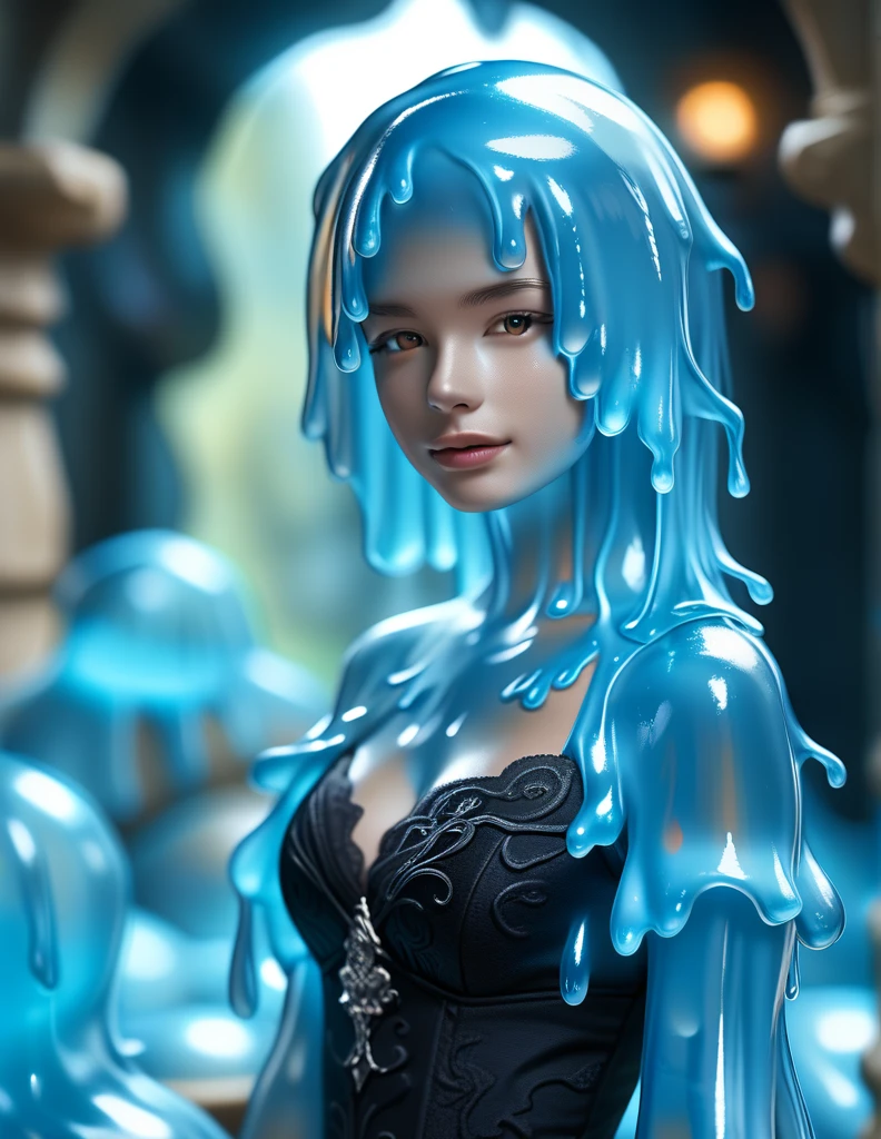 score_9, score_8_top, score_7_top, score_6_top, score_5_top, score_4_top, a beautiful (slime girl:2.0) transforming in a dark fantasy dungeon, transparent and glowing skin, stunning young woman, game monster, ethereal, otherworldly, glowing, intricate, flowing hair, elegant pose, Liquid Metal