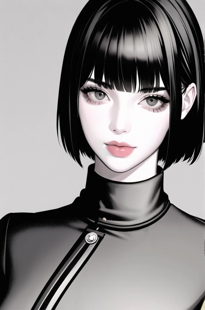 1girl, solo, monochrome, greyscale, bob cut, short hair, portrait, turtleneck, closed mouth, bangs, looking at viewer, blunt bangs, sketch, graphite \(medium\), lips, hatching \(texture\)