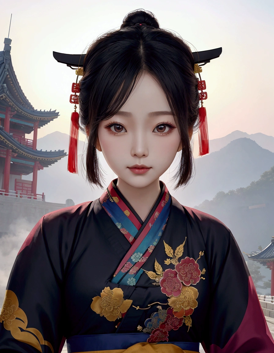 Beauty ,wear colorful hanbok, Chinese-style buildings, sight