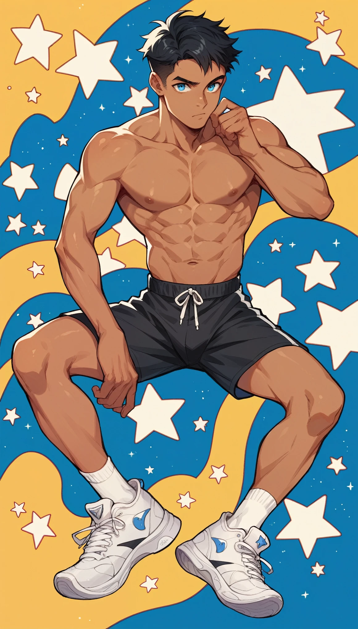 handsome boy,Black Hair，Tanned skin，Topless，black sports wear，slim，Blue Eyes，Stars background，White socks，White sneakers，Imagine，Tempting,pornography,(Dynamic poses:1.0)