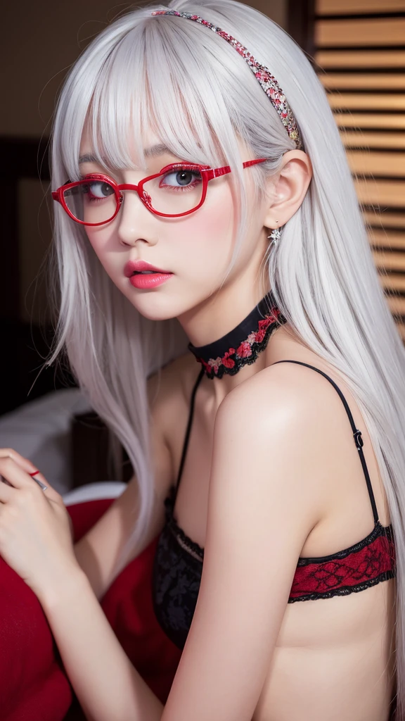 (Looking back), (Looking at viewer), (Highest quality), (Ultra-high resolution), (Realistic), Japanese, 1girl, cute, embarrassed, japanese style room, white hair, lipstick, eyeshadow, eyeliner, blushing cheeks, choker, red frame eyewear