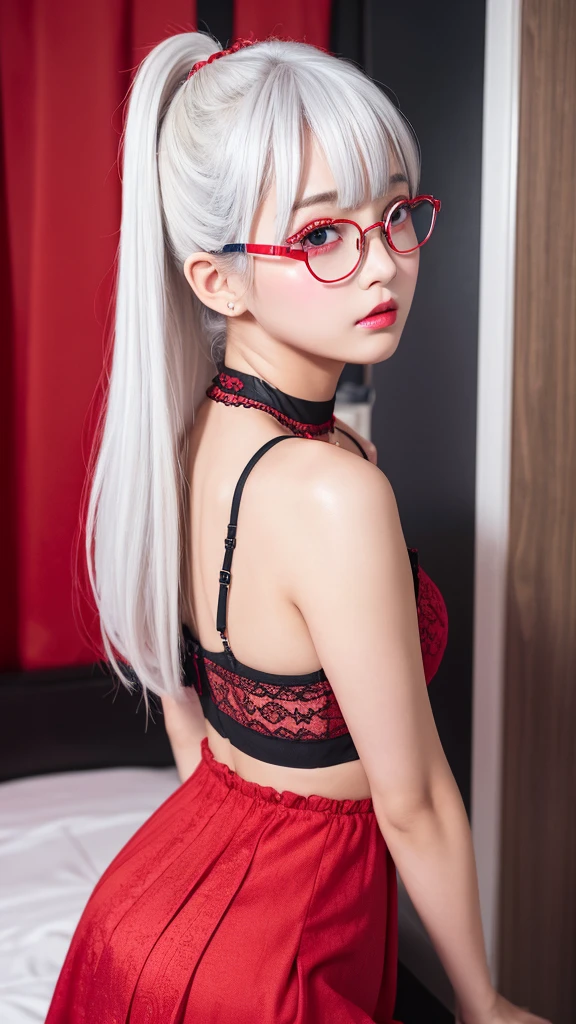 (Looking back), (Looking at viewer), (Highest quality), (Ultra-high resolution), (Realistic), Japanese, 1girl, cute, embarrassed, japanese style room, white hair, lipstick, eyeshadow, eyeliner, blushing cheeks, choker, red frame eyewear, naked