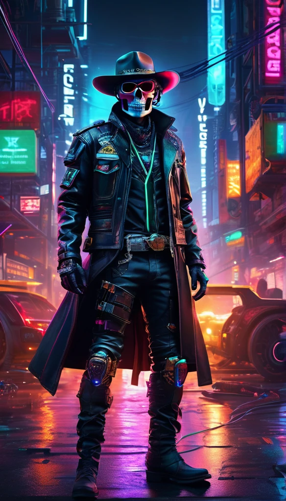 cyber punk perssonage，Mechanical Sheriff，skeleton head，metalictexture，cowboy hat，Cockade，Neon brim，jaqueta de couro，cowboy boots，Retro-Future，vibrant with colors，electric sparks，Dystopian cityscape，Network enhancement，glowing light eyes，High-tech weapons hanging from the belt，wires and cables，nighttime scene，Mixed reality。(Best quality at best,4K,8K,A high resolution,tmasterpiece:1.2),ultra - detailed,(actual,photoactual,photo-actual:1.37),