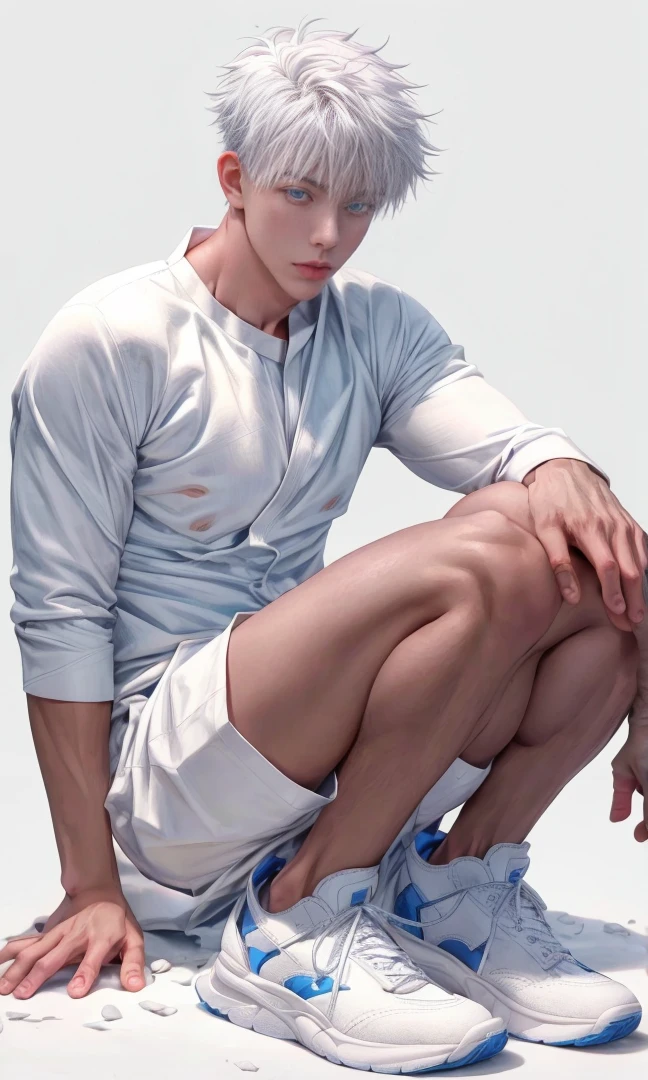 1boy, adult, handsome, perfect face, detailed eyes and face, clean shaved, muscular, capturing a rural atmosphere, dynamic lighting, unreal engine 5, hd picture, satoru gojo, white hair, short hair ,hair between eyes ,blue eyes, white skin, bed mattress details, basketball jersey