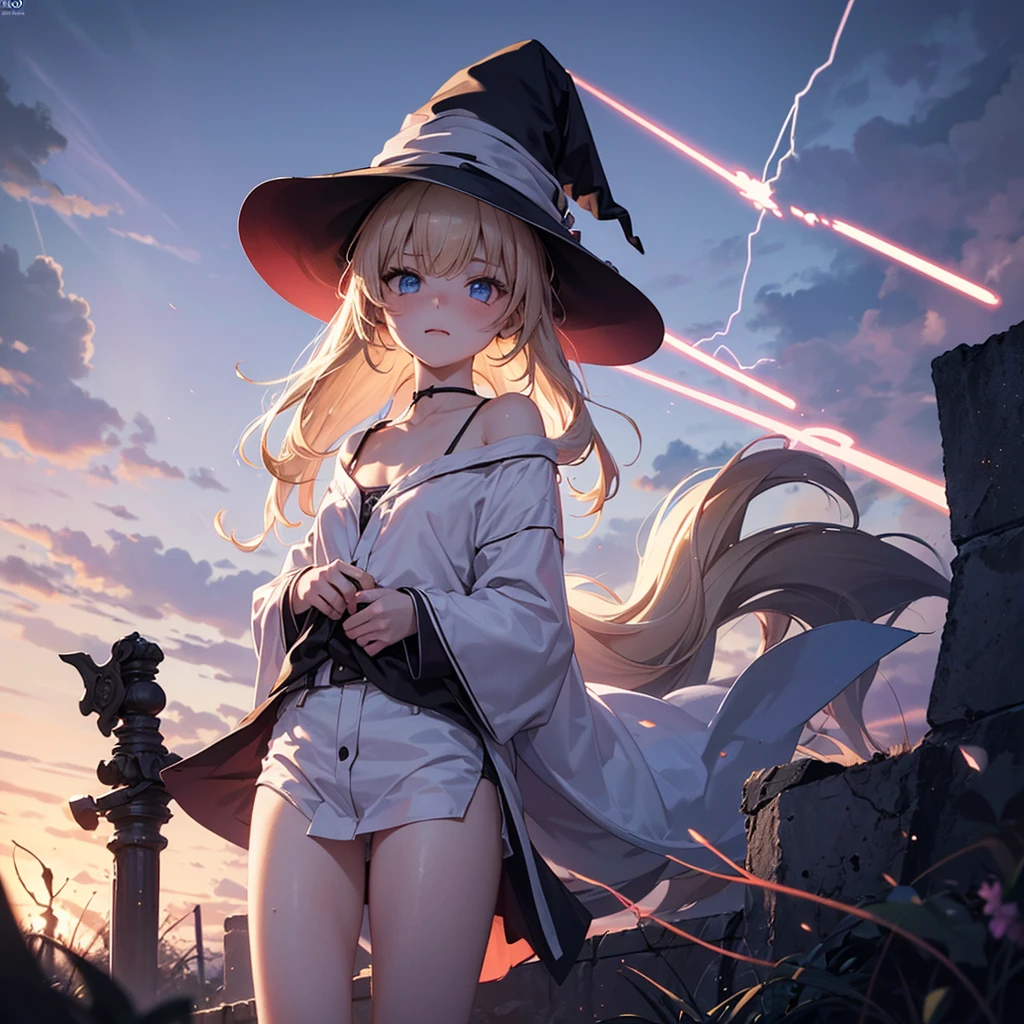 1 girl, trap, Blonde Hair, One-side long braid, blue eyes, flat chest, A short person, White robe, ,(Witch Hat）， （18 years old），Bare legs, thunder电，lightning，electrical arcs，Discharge of，magic，thunder，thunder环thunder鸣握金杖, Ancient battlefield background, Textured Skin, Ultra HD, Ultra HD, Ultra HD, Ultra HD, The award-winning, High Detail, Incredible high-key lighting and shadows, masterpiece, Incredible illustrations