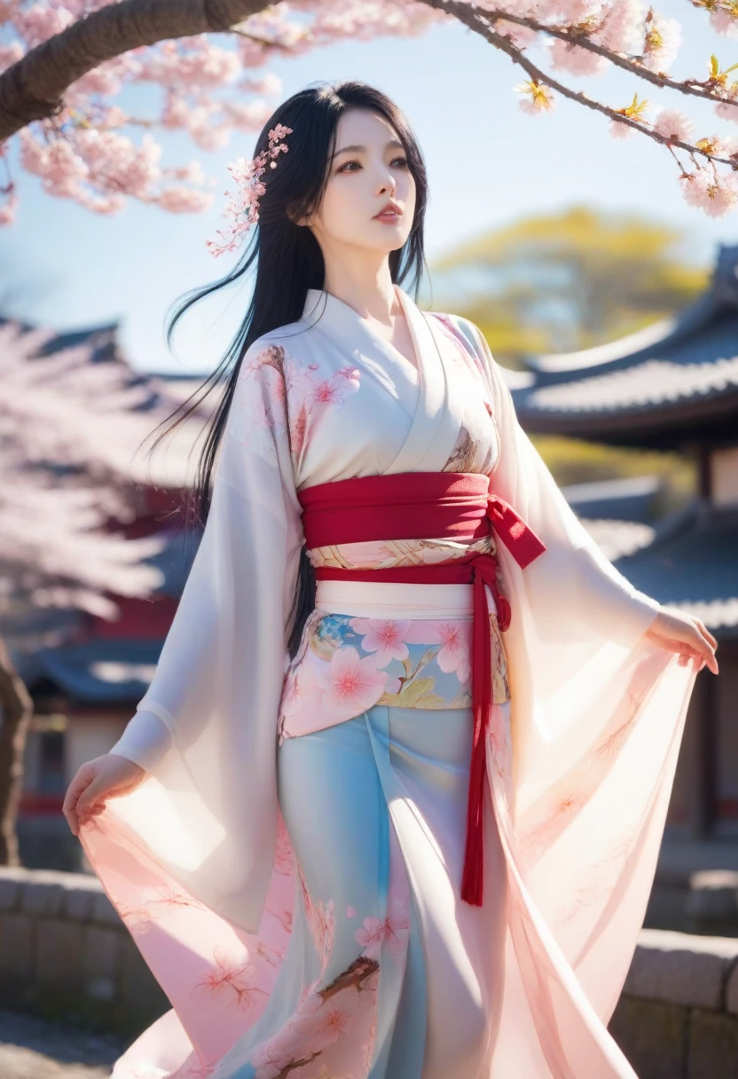 1 girl,black hair, flowing hair, Coast,sight,sight,Cherry Blossom, falling petals, sunlight,divine light,upper body, color,skirt,kimono