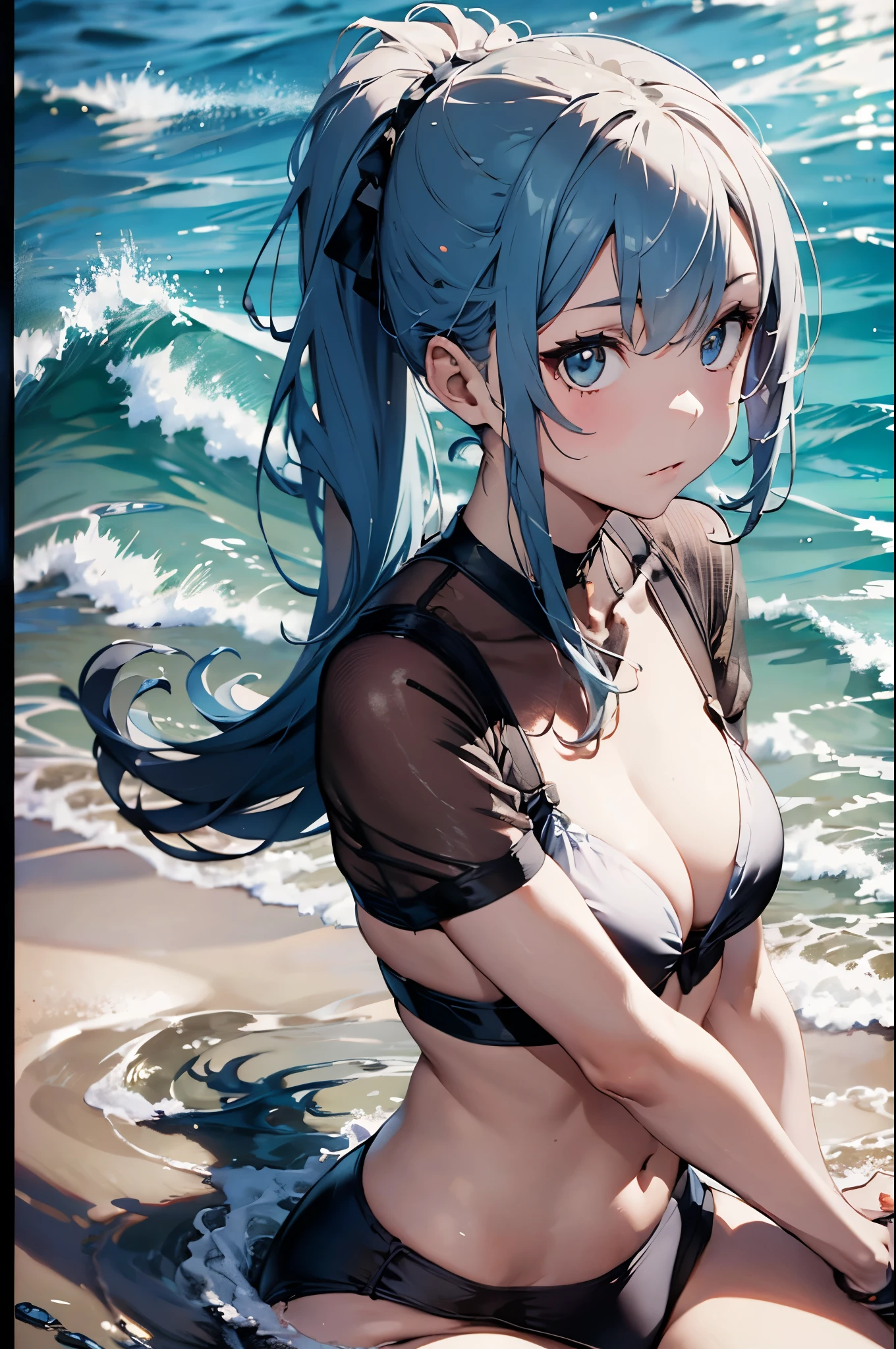 High resolution,topless、
One beautiful young woman,Silver Hair、ponytail、
(Soft Saturation:1.3), (Fair skin:1.2),
(ultra-Detailed Background, Detailed Background), Bokeh,
break&#39;Portrait of a smiling girl.,
When viewed from the front, The composition is symmetrical,
Looking straight at you with serious eyes,
break Swimwear, topless、, Center of chest, 
Outdoor, Sea surface, null, sunlight,Summer beach, Sandy Beach,
Strong light, Front lighting, 
(Teen:1.3), (Cowboy Shot:1.2),
Front brake angle,
View your viewers,
Dynamic pose,
sitting on the beach

Seaweed、Seaweed、Seaweed、Seaweed、Seaweed、Seaweed、Seaweed、