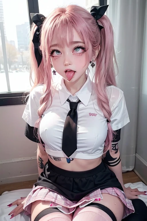 high quality, detailed,very wet,High school girl wearing very very wet and very transparent short sleeve white shirt and a pink plaid ribbon tie,plaid skirt,(wearing black overknee socks),a mole under the eye,(tounge out,tounge out tounge out),(blushing:1.4),the whole body,the whole body,she has a lot of earrings,tattoo,tattoo,detailed background,in the health room,ecstasy,orgasm,tattoo,she has fancy nails,transparent bra