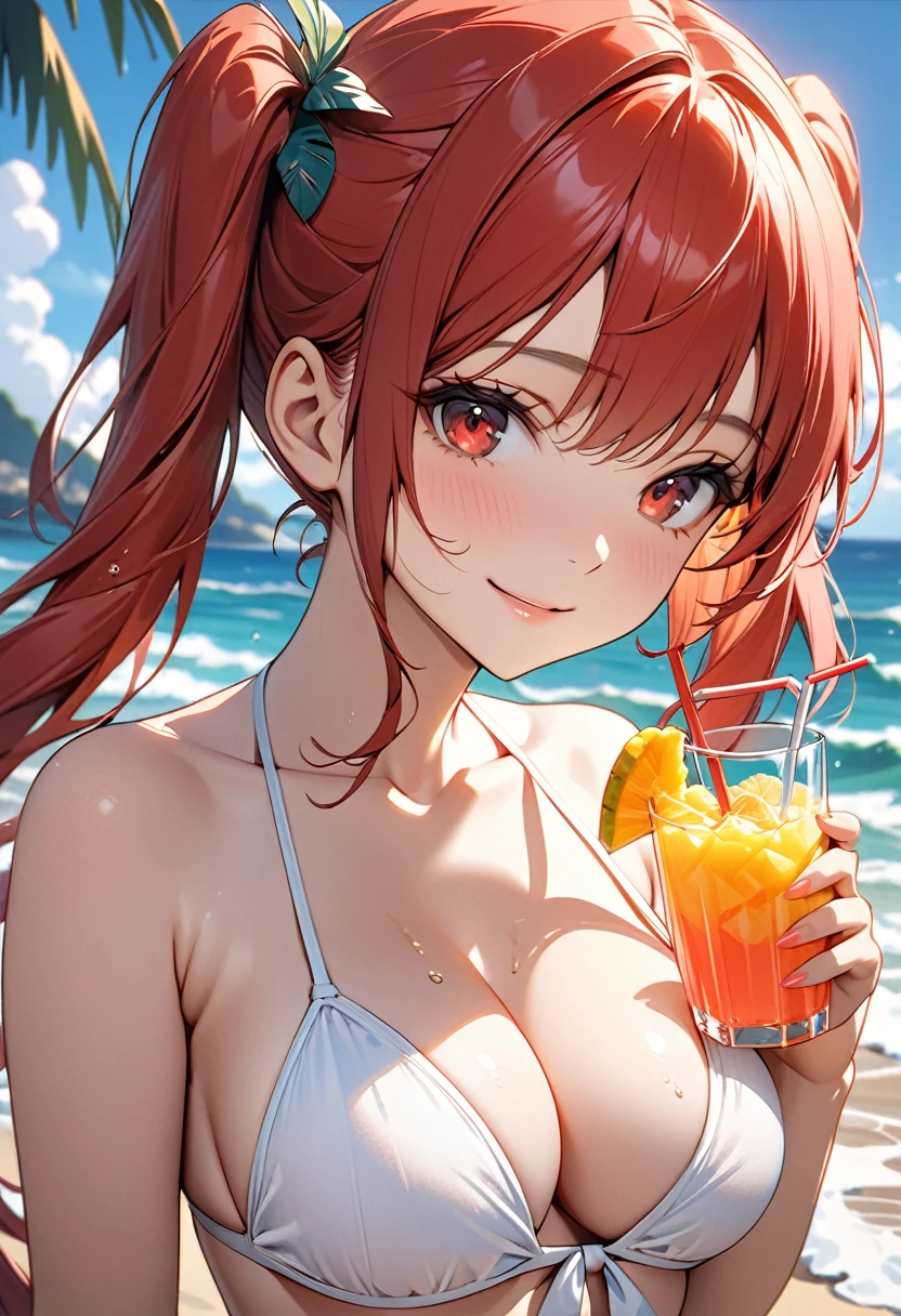 A portrait of a beautiful girl with red twin-tailed hair in a swimsuit The girl .Beautiful and cute face,Red hair in twin tails,Red eyes,Very cute smile,She is wearing a sexy white bikini-type swimsuit.Her breasts are slightly larger and she has a beautiful cleavage.(With a luxurious tropical juice in one hand:1.5),It seduces the viewer with its peering eyes.She invites me to have a tropical juice,Everlasting summer The background of the private beach and the beauty of the waves stand out.The luster and moisture of a girl's beautiful skin,The beauty, texture and shine of hair,The beautiful texture and wrinkles of the bikini .Bust Shot,(High quality, high definition, masterpiece, best quality, 4k, 8k:1.5).Ultra detail,Ultra-fine painting,Physically based rendering, cinematic lighting, professional photography,(nsfw:1.2)