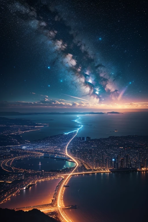 Highest quality、Ultra high definition、Beautiful starry sky、In the foreground you can see the calm sea and beyond it the neon lights of the city.