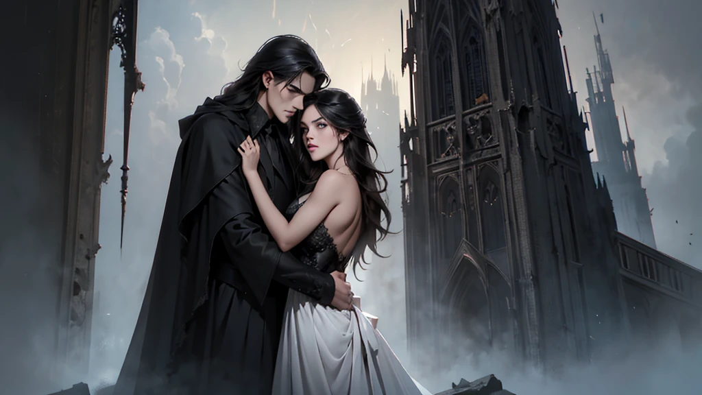 • Gothic Cathedral in Ruins:
• A grand, gothic cathedral in a state of decay.
• Dim, haunting light filtering through broken stained glass windows.
• An anguished figure or silhouette standing amidst the ruins.
• Creepy, Abstract Embrace:
• Abstract, dark shapes or forms twisted together in a painful, almost ghostly embrace.
• Distorted, anguished faces emerging from the shadows or fog.
• A color palette dominated by deep blacks, grays, and muted reds.
• Angry Sky with Symbolic Imagery:
• A tempestuous sky with angry, dark clouds and flashes of lightning.
• An overbearing, shadowy figure or silhouette, possibly representing a deity or spirit, looming in the clouds.
• Harsh, metallic fonts for the album title and band name integrated into the scene.