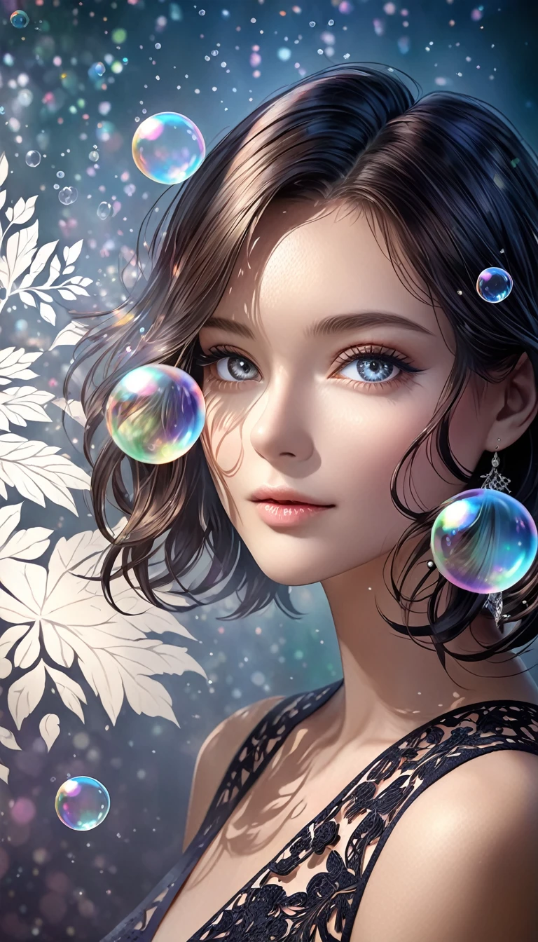 fusion of paper cutting and shadow puppetry, beautiful woman, portrait, shading effects, gradation magic effects, glitter effects, soap bubbles effects, foggy filter effect, (ultra detailed, absolutely resolution, best quality:1.3), 2.5D, delicate and dynamic, artistic photography, hyper realistic, graphic CG digital art