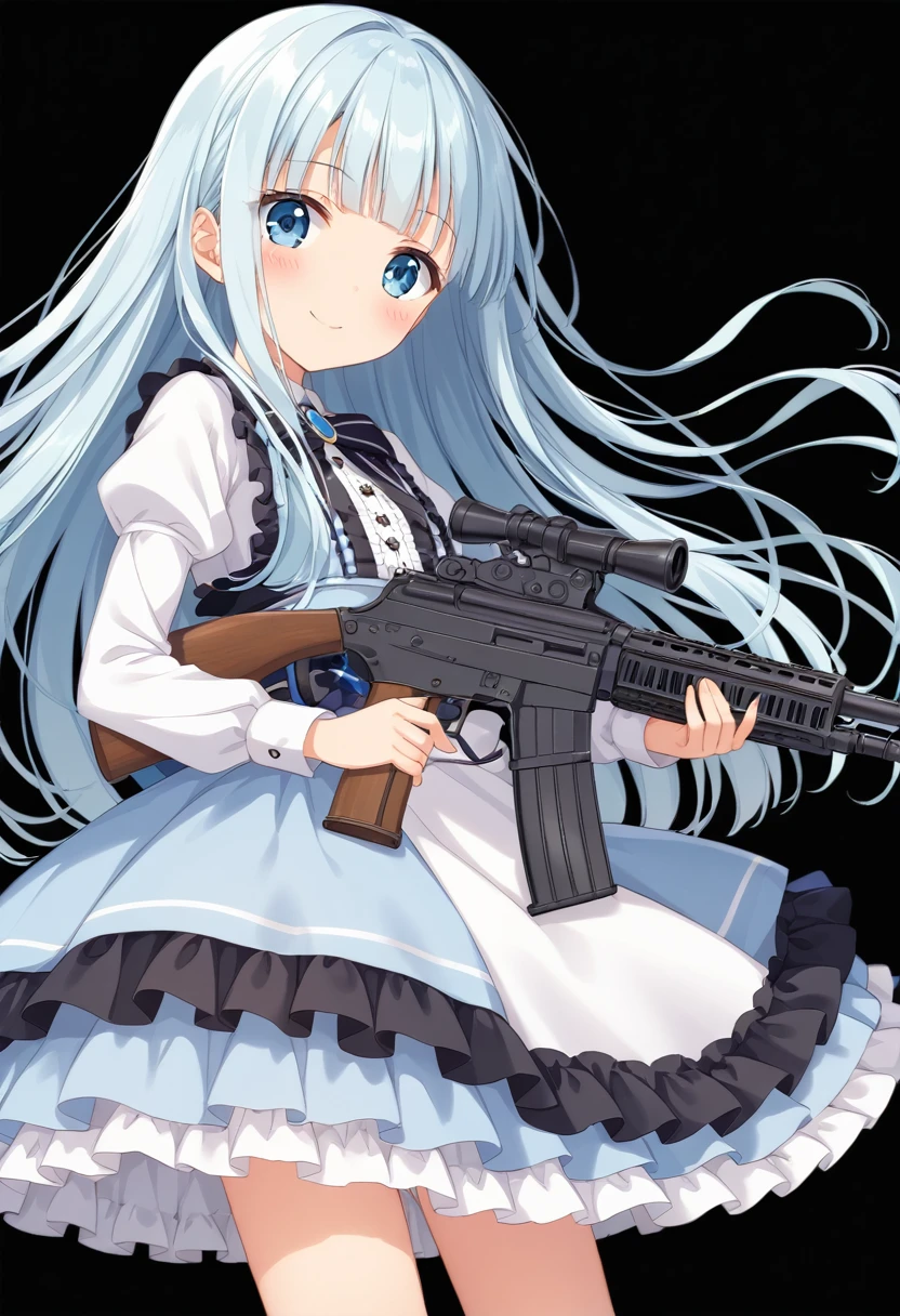 masterpiece, best quality, extremely detailed, (illustration, official art:1.1), 1 girl ,(((( light blue long hair)))), ,(((( light blue long hair)))),light blue hair, , long hair ((blush)) , cute face, masterpiece, best quality,(((((a very delicate and beautiful girl))))),Amazing,beautiful detailed eyes,blunt bangs((((little delicate girl)))),(((tareme))),droopy eyes.(true beautiful:1.2), sense of depth,dynamic angle,,,, affectionate smile, (true beautiful:1.2),,(tiny 1girl model:1.2),)(flat chest),One girl、Dynamic configuration、[17277fbe68],He threatened Hideo.、high quality、Maximum details、(((最high quality、The highest masterpiece、Official Art、The best dynamic configuration)))、、(Tabletop, 最high quality), Very detailed, Anime Style, Concept Art、whole body, (masterpiece), 最high quality, Fantasy art,whole body、masterpiece、最high quality、(colorful)、（Beautifully detailed eyes and face）、Cinema Lighting、Extremely detailed CG、Super huge、whole body、wallpaper、Dress with weapons in Wonderland, (((Everybody wears red ))), Ammunition belt, gun, machine gun, gatling gun, hand gun,weapons,barren land、White Background、