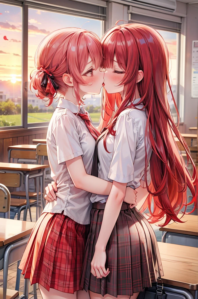 masterpiece, best quality, nsfw,
 2girl, kiss, 
 summer , plaid skirt, red hair, embarrassed face, 
 classroom, sunset,