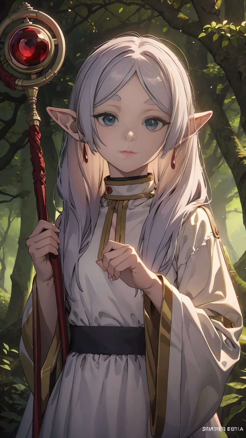 Create an image of {{Frieren}}. Frieren stands in a tranquil forest, surrounded by ancient trees with a mystical aura. The forest is bathed in soft, ethereal light, enhancing the magical atmosphere. Frieren holds a staff, The background includes hints of ancient ruins and magical flora, adding depth and richness to the scene. The overall atmosphere is serene, magical, and timeless. gorgeous eyes, detailed eyes, detailed hair, detailed face, best quality, ultra detailed, well drawn, fair skin, perfect face, masterpiece