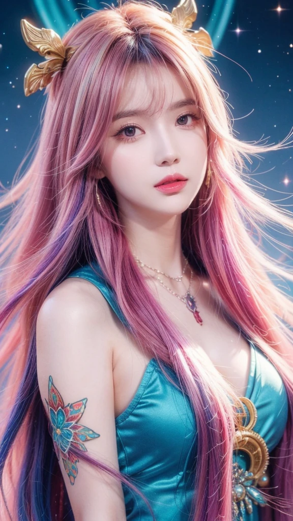 Close-up of a woman with rich and colorful hair and necklace, Anime girl with cosmic long hair, The soft vibrancy of Rossdraws, Gouviz-style artwork, Fantasy art style, rich and colorful], Vibrant fantasy style, Rossdraws Vibrant cartoons, cosmic and rich and colorful, Gu Weiss, rich and colorful digital fantasy art, Stunning art style, Beautiful anime style, White skin, pajamas,