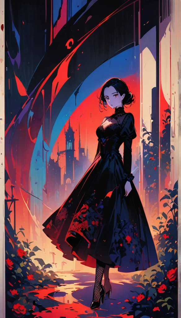 horror thriller movie poster, masterpiece, best quality, A female elf in a Gothic ball gown,lace, embroidery , Pale skin, fishnet stockings, (Bauhaus, shape, Wire, Abstract:1.1) Gothic, Vintage horror, movie poster, 1940s, (masterpiece, best quality) 8k wallpaper, Very detailed,