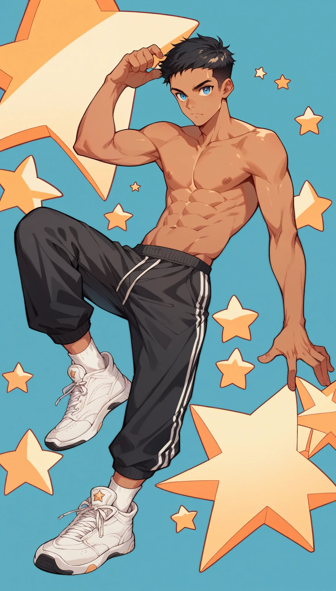 handsome boy,Black Hair，Tanned skin，Topless，black sports wear，slim，Blue Eyes，Stars background，White socks，White sneakers，Imagine，Tempting,pornography,(Dynamic poses:1.0)