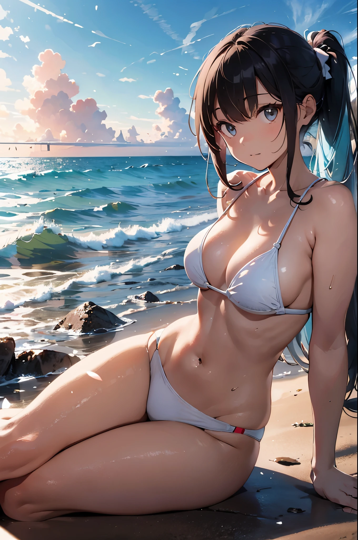 High resolution,topless、
One beautiful young woman,Light blue hair、ponytail、Spiritual
(Soft Saturation:1.3), (Fair skin:1.2),
(ultra-Detailed Background, Detailed Background), Bokeh,
break'Portrait of a smiling girl.,
When viewed from the front, The composition is symmetrical,
Looking straight at you with serious eyes,
break Swimwear, White Bikini, Center of chest,
Outdoor, Sea surface, null, sunlight,Summer beach, Sandy Beach,
Strong light, Front lighting,
(:1.3), (Cowboy Shot:1.2),
Front brake angle,
View your audience,
Dynamic pose,
sitting on the beach
Seaweed、Seaweed、Seaweed、Seaweed、Seaweed、Seaweed、Seaweed、