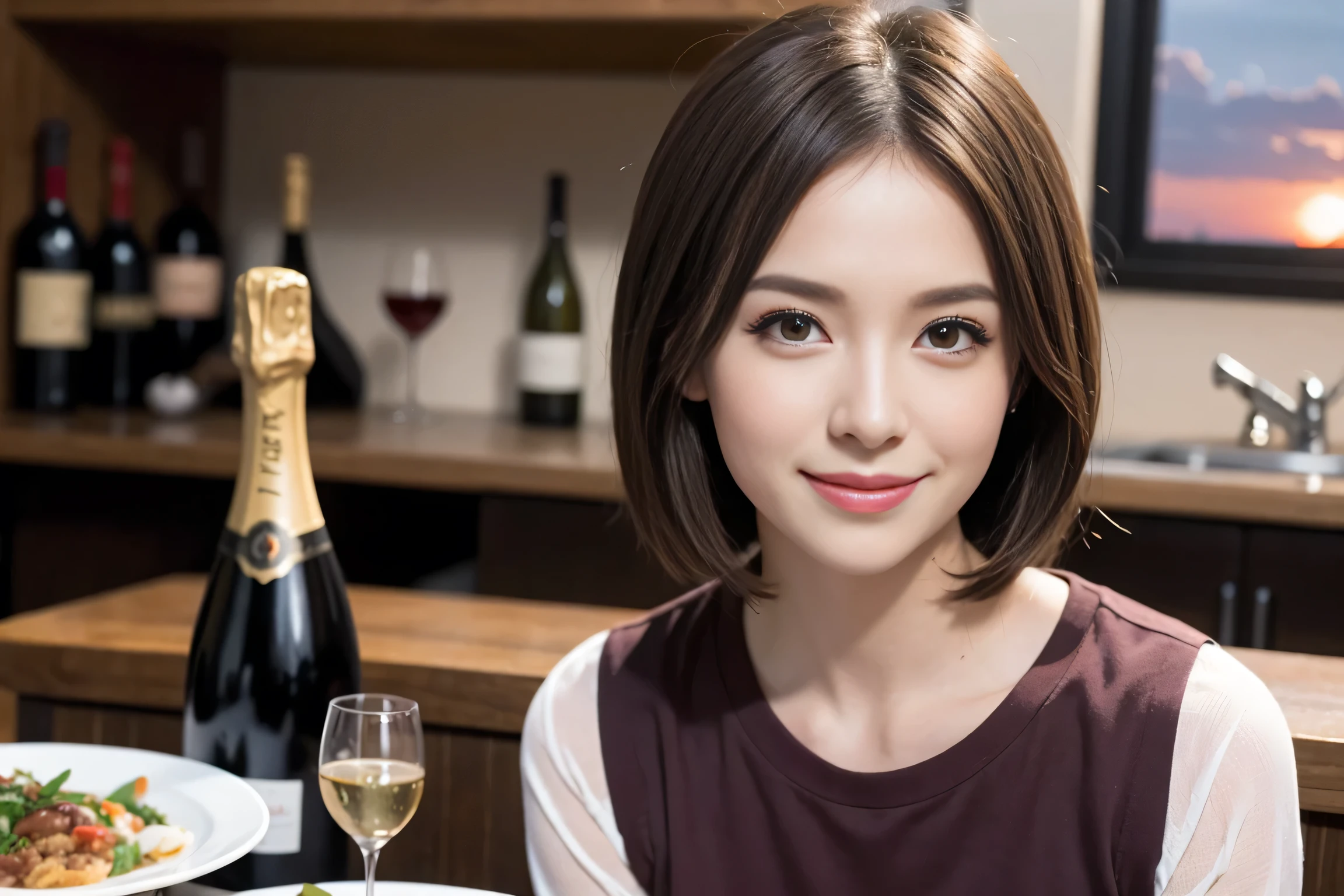 (Realistic:1.1),(masterpiece,Highest quality),8k,(49 years old), 50 years old, slimカップル、Tight waist,Upper Body,full-course dinner、wine 、Amazing view of the sunset sky and clouds、Perfect Anatomy, Brown Hair, short hair,Random Hairstyles,((Highly detailed face and eyes:1.2)),Perfect golden ratio face,Long sleeve shirt、dress,(smile:1.2)、Shortcuts、cute、(Realistic, Intricate details:1.2), A bright smile、short hair,Bright Face、赤wine 、Appetizers、Italian food、wine bottle、Champagne、スパークリングwine、(slimな顔), (The body is slim), (Brown Hair), (Shortcuts), Upper Body, 白wine, slim, wineグラス,
