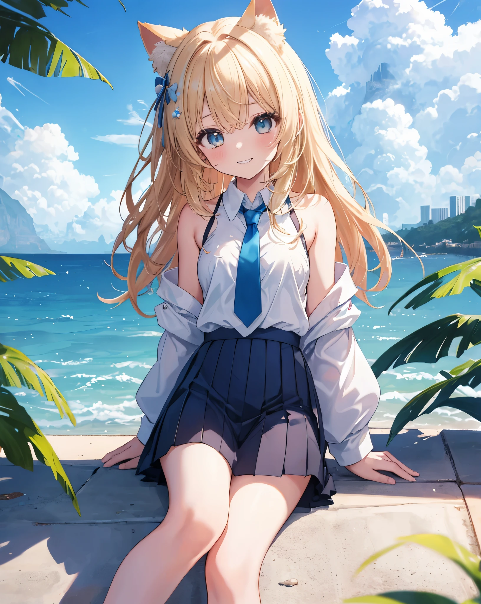 (Highest quality, Masterpiece: 1.2), (Solo), neko ears Anime coloring book, 4K quality, (((Girl))), blonde hair, cat ears, cat tail, neko ears, neko tail, little grinning happy smile, , untied necktie, bare shoulder, short skirt, Bare feet, Pleated skirt, A girl immersed in the world of anime High school description Noise. blue ribbon on hair., swimming. beach, blue sky, clouds, cloudy sky, dewy road, sun, horizon, ocean, landscape, sky, skyline, blue sky and white clouds, fantastic light, beautiful light, mirror, mysterious, Beautiful, clear water,  dream, heaven, cliff, rainbow, aurora, mirage, moon, planet, meteorite.
