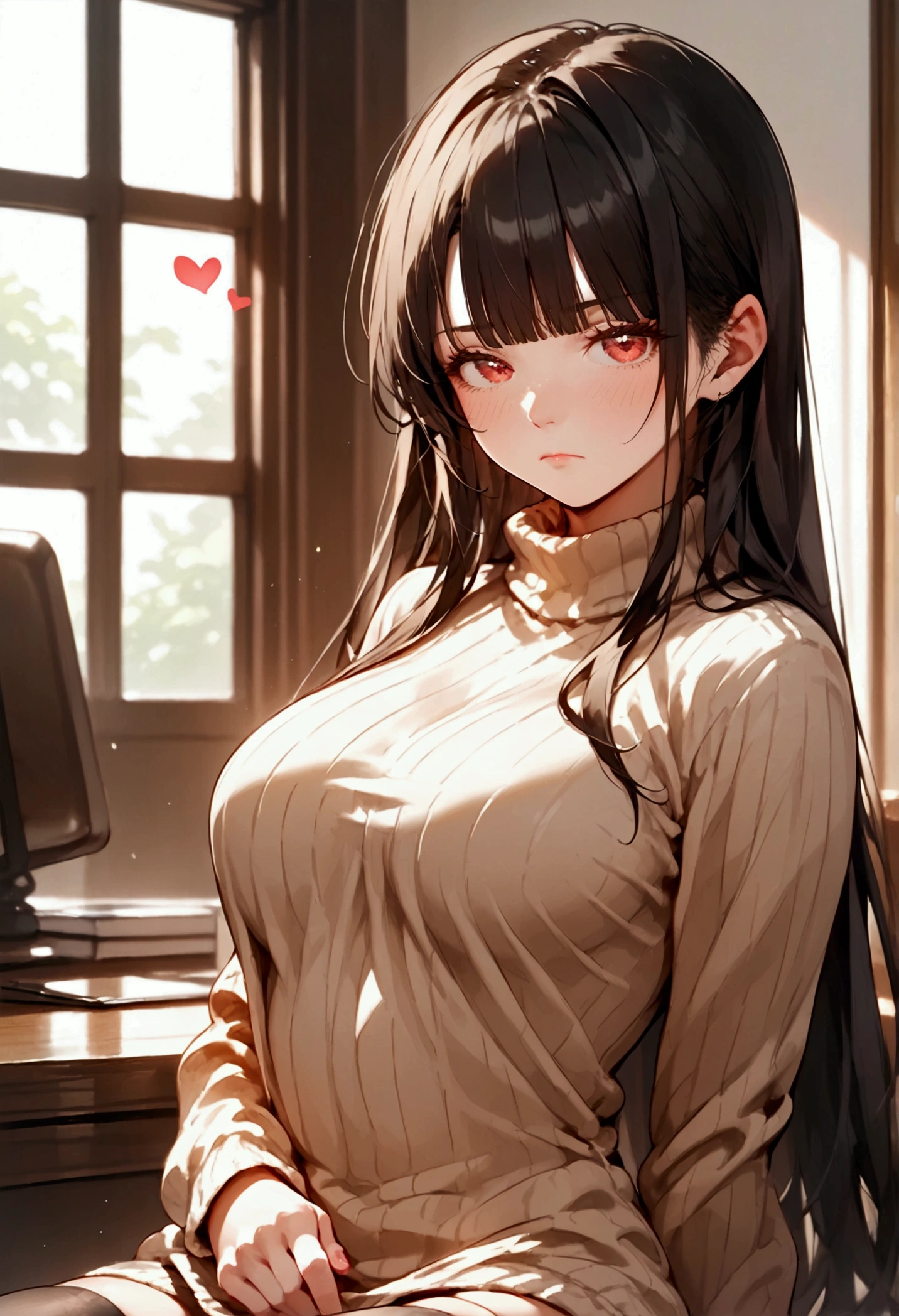 score_9_up, score_8_up, uncensored, detailed, masterpiece, super cute style, 1girl, solo, long hair, breasts, looking at viewer, blush, black hair, red eyes, thighhighs, very long hair, heart, black thighhighs, blunt bangs, light brown sweater, zettai ryouiki, turtleneck, ribbed sweater, sweater dress, indoors, sleepy, eyes_half-closed, unamused, Beautiful anime style, mature manhwa,