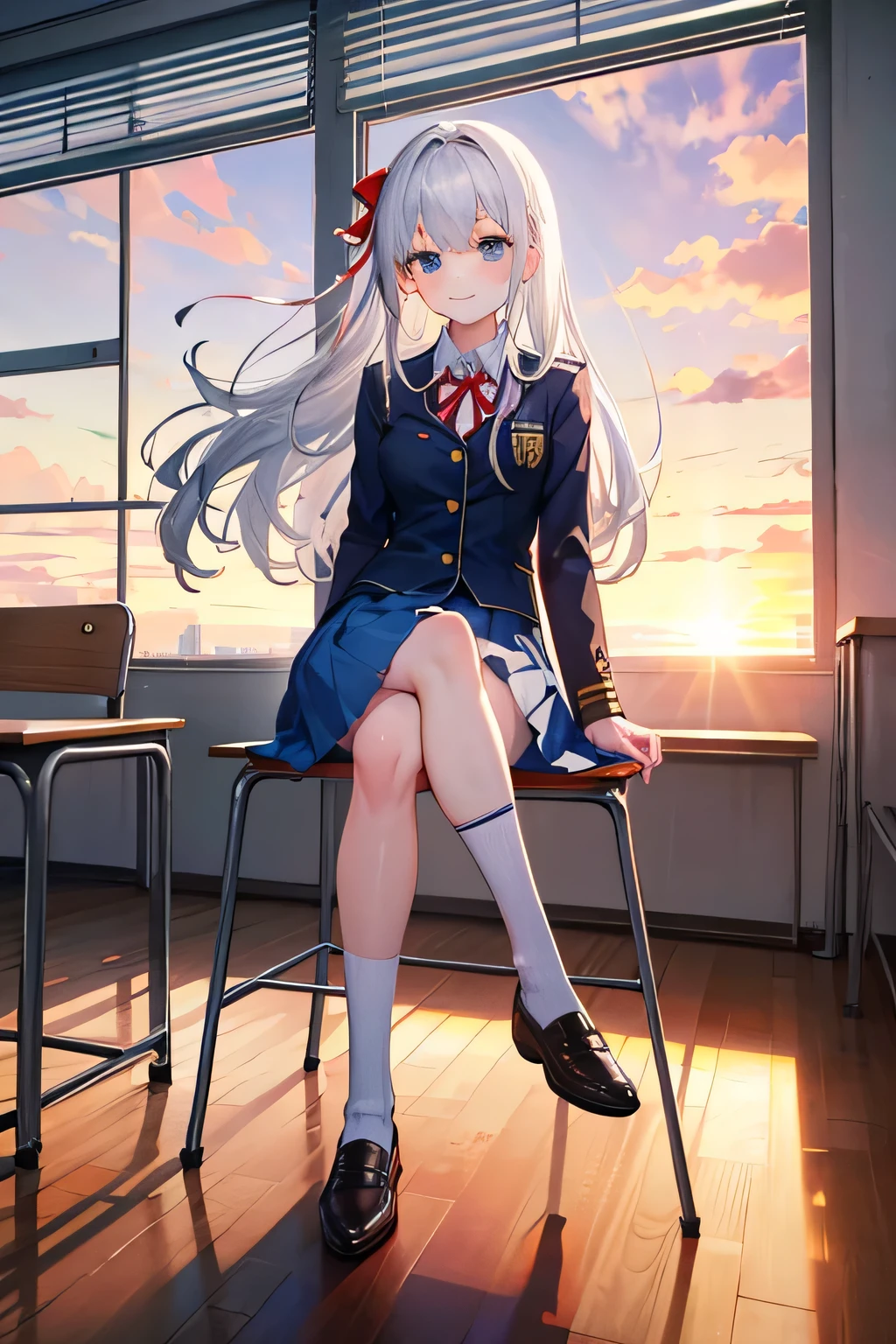 ((high quality))，((high resolution))，((Masterpiece))，8k，Silver Hair，Light blue eyes，Highlights of beautiful eyes，Starry eyes，Your eyes are beautiful，Small breasts，Beautiful smile，Beautiful sunset，Long skirt，Wear a high ，Wear a uniform，Long socks，Very long socks，Long Hair，straight，Red ribbon hair ornament，Inside a high school classroom，An empty classroom，Classroom after school，Sitting in a chair，Crossing your legs，