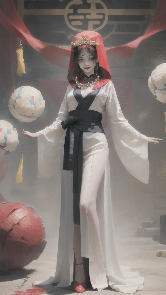masterpiece,(masterpiece, front,Looking at the audience,Hands hang naturally,face,Top quality, best quality, Chinese Hanfu,Gorgeous headdress,red,(red服饰:1.3),red服装,Paper wedding dress,Solitary,Standing,whole body, bead, veil, Keep, Jewelry, Looking at the audience, necklace,, 1 Girl, indoors, hood, Long sleeve, Blood, Floral,, Smile, dark, (red的中国衣服), skirt, fear (theme), Black Hair,,面朝前方Looking at the audience,Simple background,Solid color background