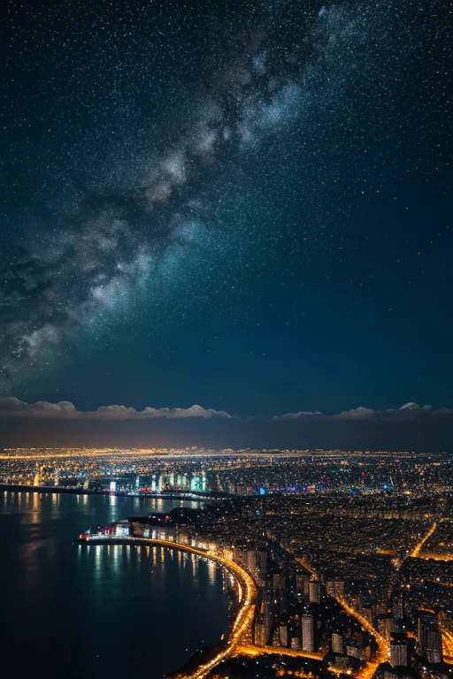 Highest quality、Ultra high definition、Beautiful starry sky、In the foreground you can see the calm sea and beyond it the neon lights of the city.