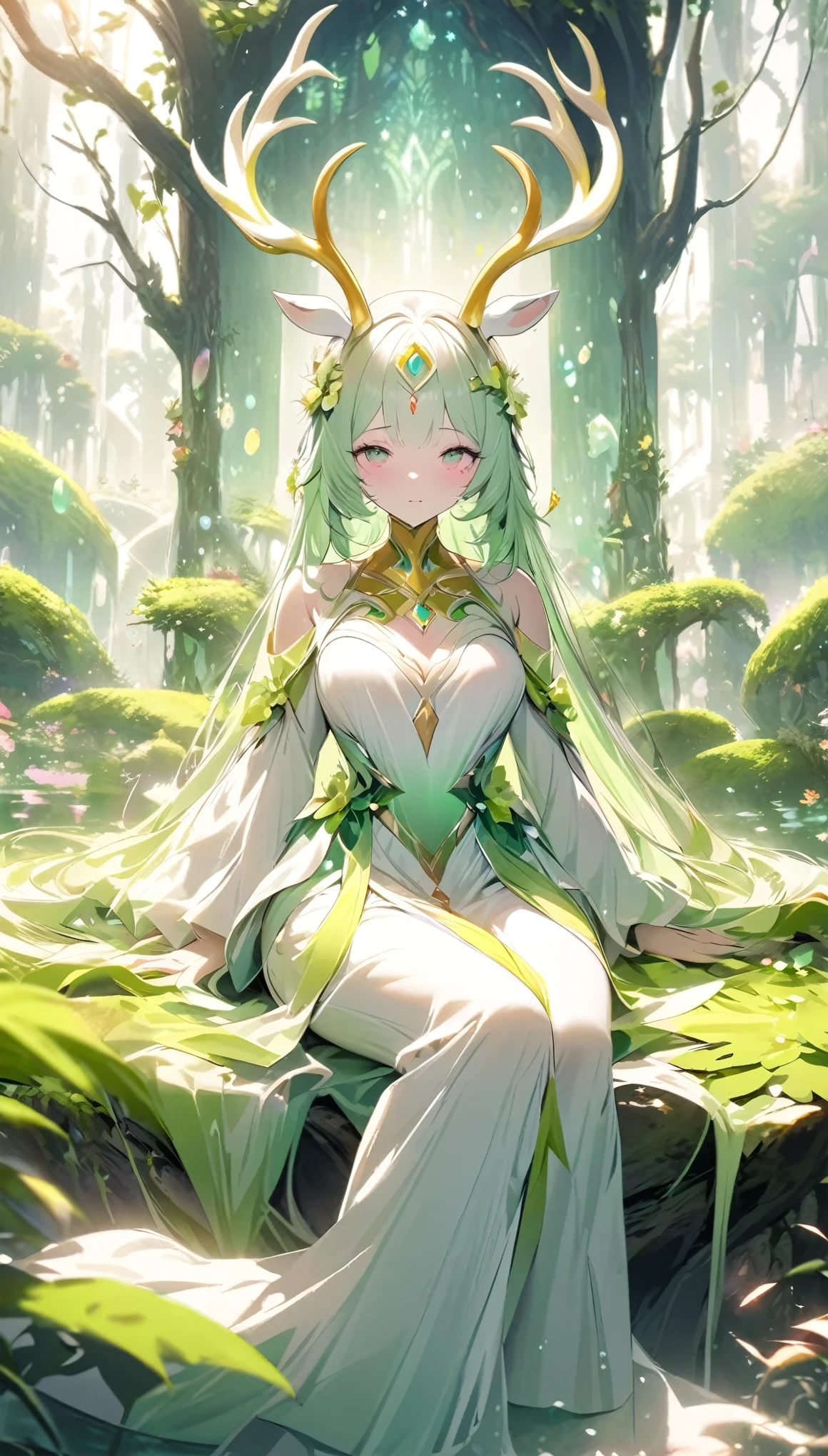 Surreal photos，Seven-Colored Deer Guardian，High-resolution photos，Huge and beautiful seven-colored deer，A peaceful and dreamy scene，A woman in a princess dress sits next to a giant seven-colored deer，The woman is very sexy，Detailed facial details，The background is a magical forest full of spirituality，Create a soft and ethereal atmosphere。The overall composition is beautiful