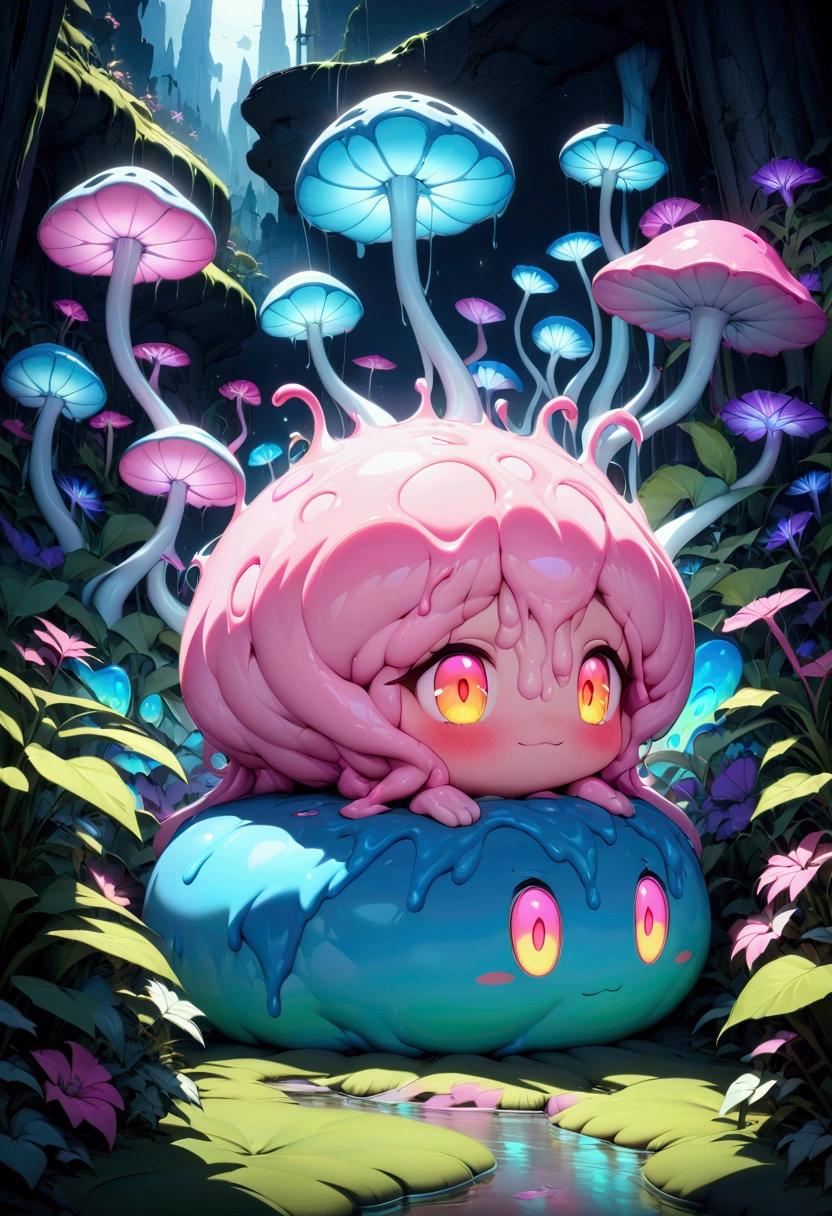 A slime creature, detailed slimy texture, gooey and viscous appearance, cute eyes, bright neon colors, fluorescent glowing, surreal fantasy landscape, colorful alien environment, glowing mushrooms, bioluminescent plants, cinematic lighting, detailed 3D render, vibrant colors, high detail, masterpiece, best quality, very aesthetic, absurdres