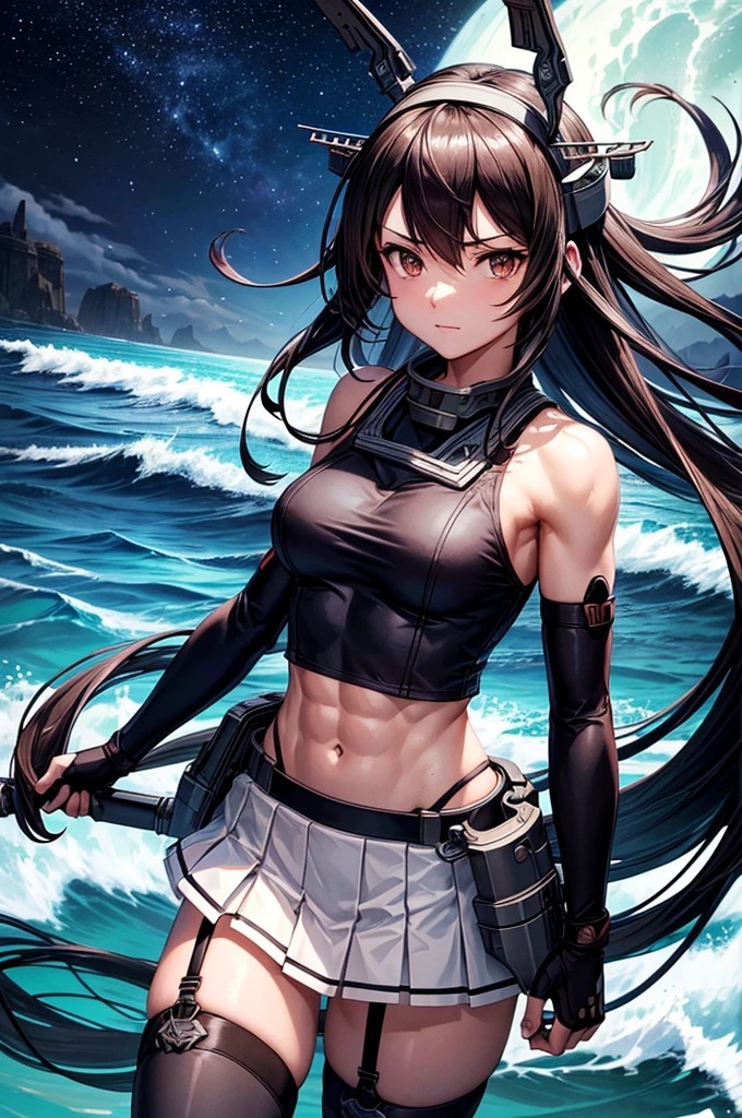 hyper detailed, perfect anatomy, best quality, extremely delicate, extremely detailed, cool,1 girl, Nagato(kancolle), long hair, headgear, dark hair, hairband, collar, bare shoulders, crop top, elbow gloves, fingerless gloves, black gloves, midriff, pleated skirt, white skirt, garter straps, thighhighs, muscle, muscular abs, six pads, with a black cat, night sky, stars, milkyway, sea, wave,