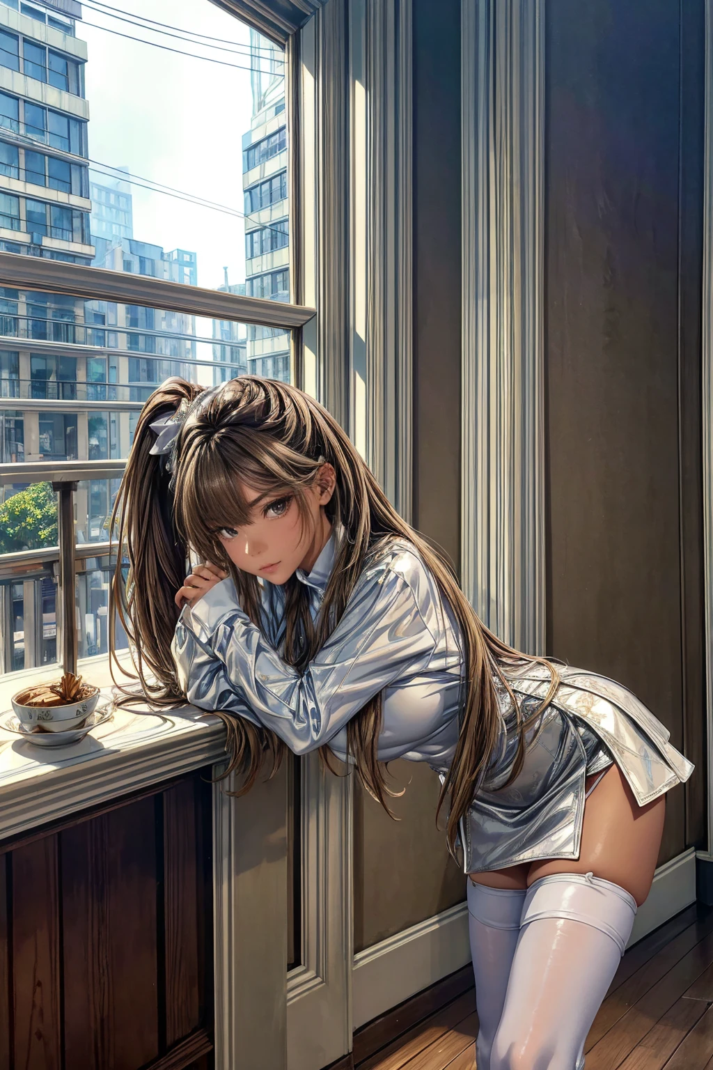 (masterpiece, Highest quality), Intricate details, 8k, Art Station, wallpaper, Official Art,  Sharp focus, One girl,Toned body、 Long Hair,ponytail,  Brown Hair, , office lady,White patent leather shirt、Black enamel tight skirt、slit、tights、 printing, Cold Eyes , Muddy eyes、skyscraper, city, building, car, street,