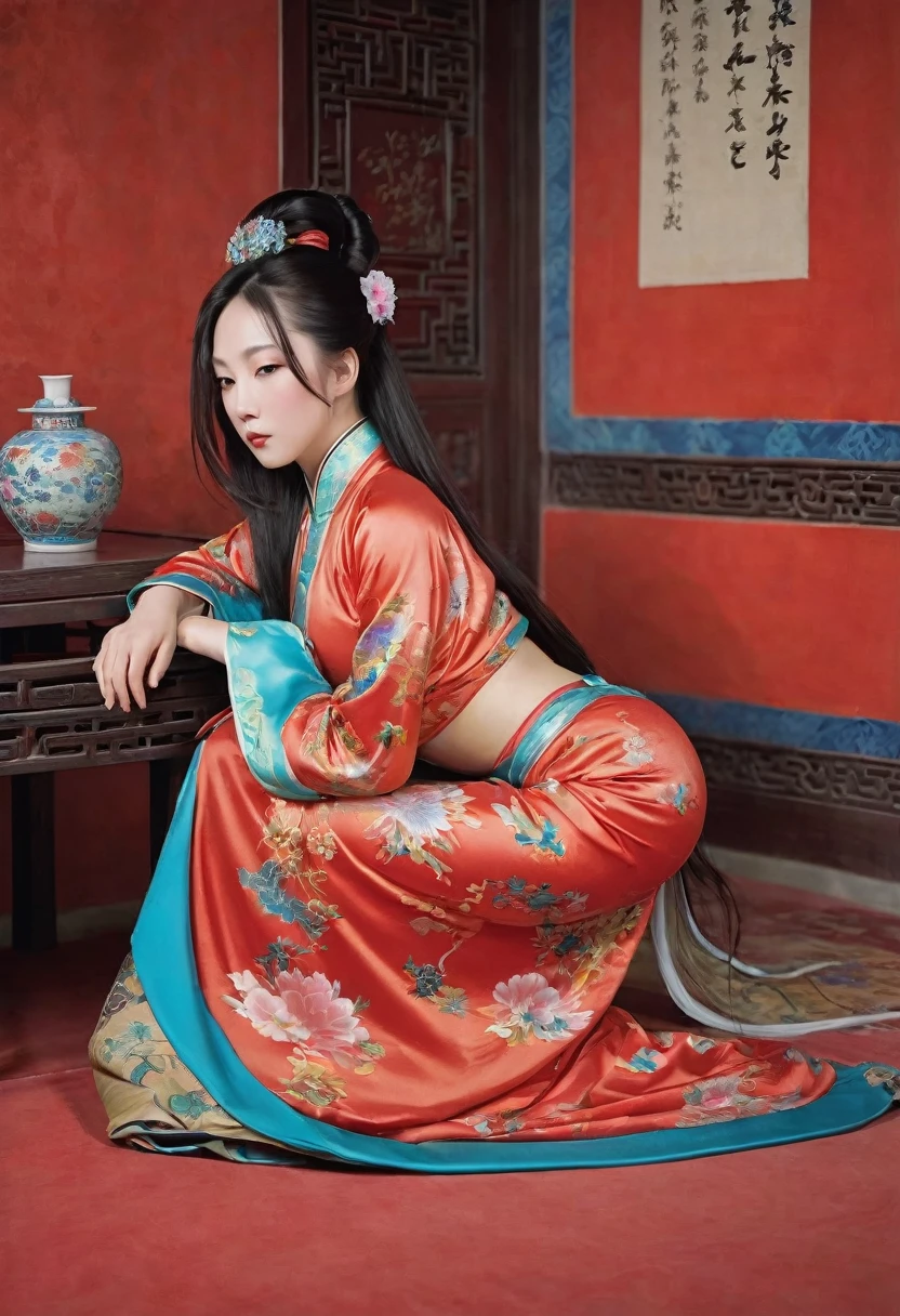 A Chinese empress seen from the side, lying on her side in a relaxed pose with her buttocks exposed and legs stretched out. The background is a room in a Chinese palace during the Qing dynasty. She is sleeping in red Hanfu with only her large buttocks sticking out. She is either wearing underwear or not, and her protruding buttocks are floating up.　　　　　　　　　　　　　　　　　　　　　　　　　　　　　　 Her hair is decorated with a large, flashy flower.　 The back of the hair is tied up and up.　Erotic Woman