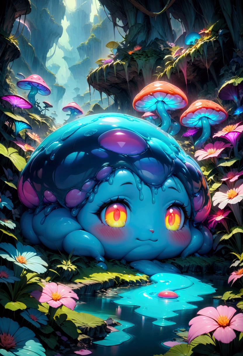A slime creature, detailed slimy texture, gooey and viscous appearance, cute eyes, bright neon colors, fluorescent glowing, surreal fantasy landscape, colorful alien environment, glowing mushrooms, bioluminescent plants, cinematic lighting, detailed 3D render, vibrant colors, high detail, masterpiece, best quality, very aesthetic, absurdres