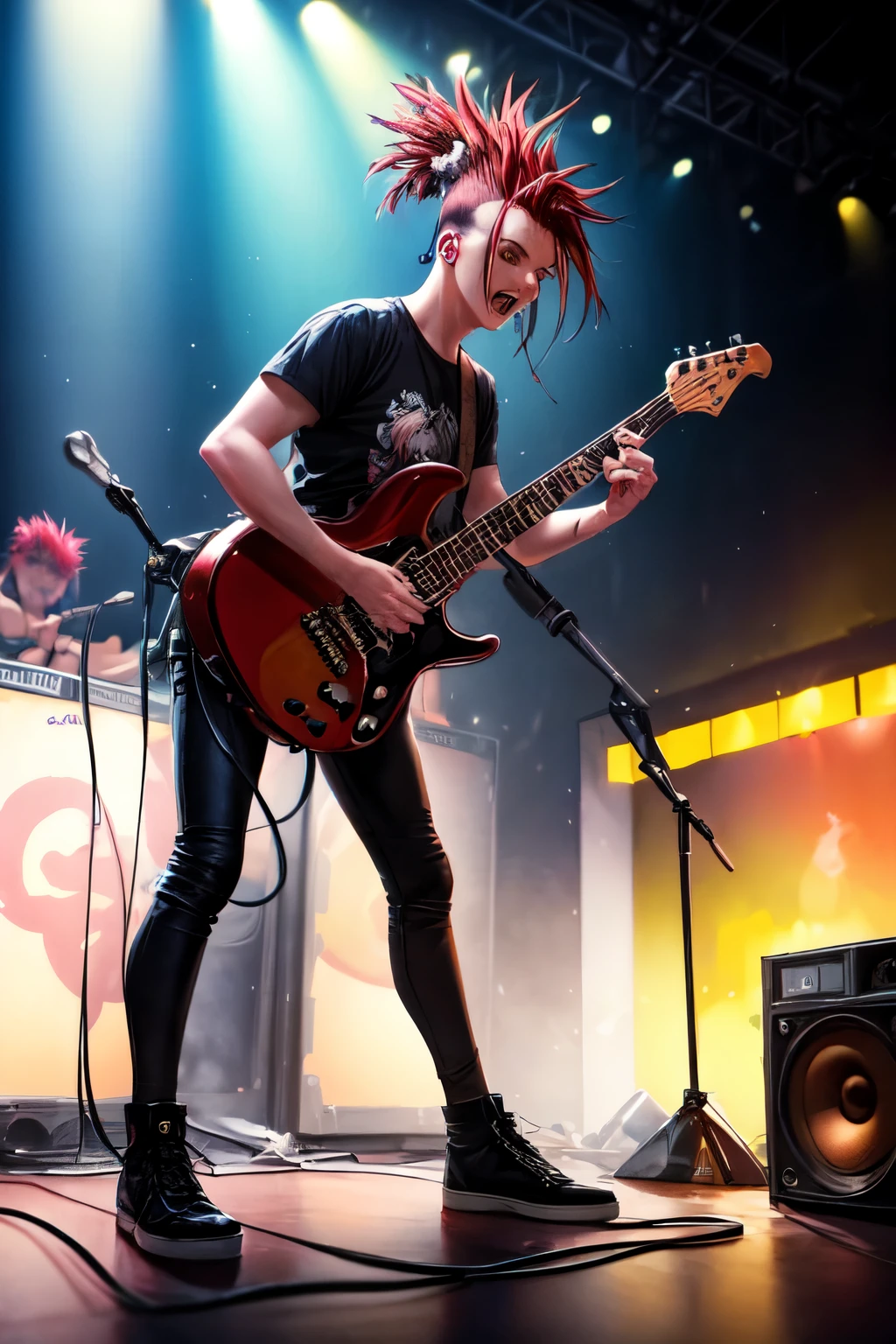 ((best quality)), ((masterpiece)), (detailed), ((best quality)), ((masterpiece)), (detailed), (4 man), the exploited punk rock band, full body, on the stage(skull flags)sound system, mohawk hair(red color), in the concert, crowded people, many lightings