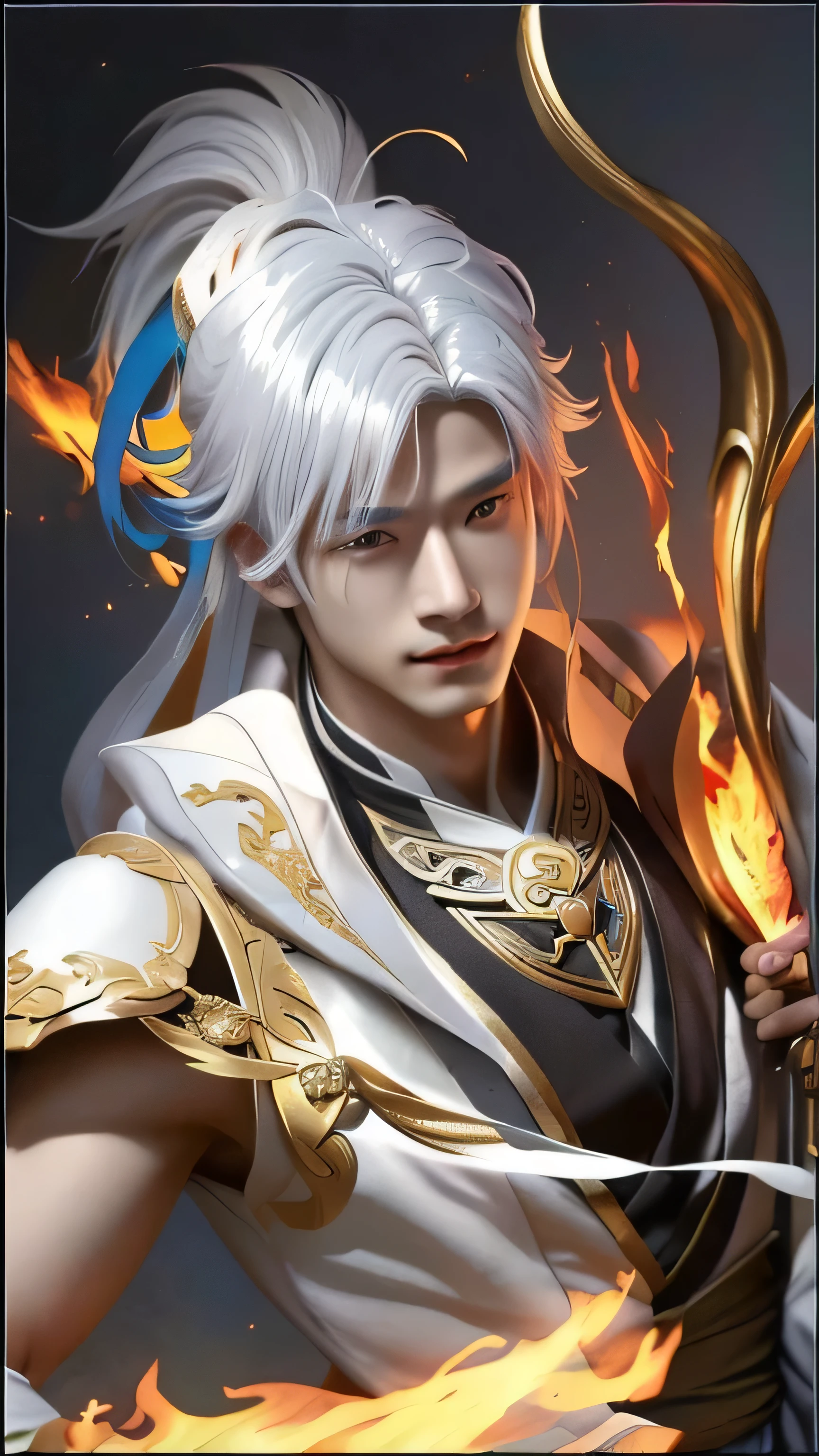 Boys, a close up of a person with a fire, heise jinyao, loong, inspired by Huang Shen, g liulian art style, white haired deity, inspired by Yang Jin, zhongli from genshin impact, zhao yun, keqing from genshin impact