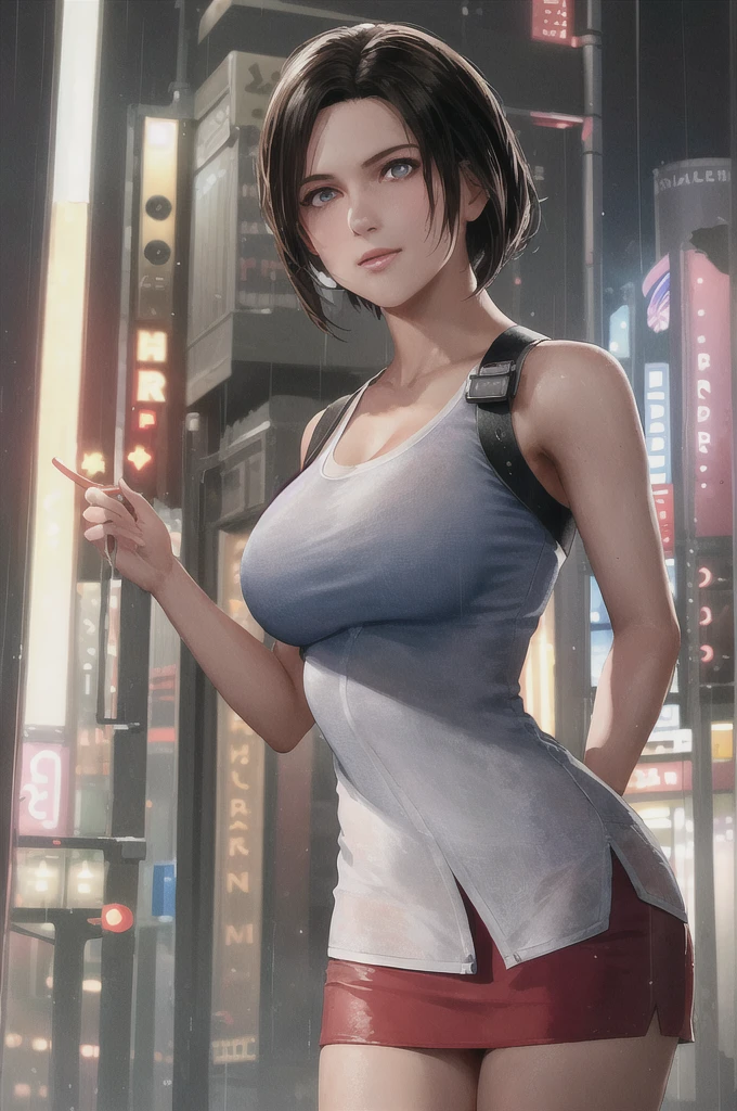 1girl, cowboy shot of Jill valentine, white shirt, red skirt, athletic, city, night, neon, rain, volumetric lighting, best quality, masterpiece, intricate details, tonemapping, sharp focus, hyper detailed, trending on Artstation, realistic, 