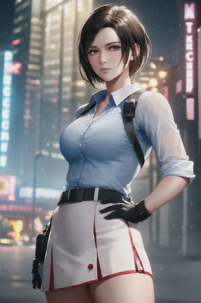 1girl, cowboy shot of Jill valentine, white shirt, red skirt, athletic, city, night, neon, rain, volumetric lighting, best quality, masterpiece, intricate details, tonemapping, sharp focus, hyper detailed, trending on Artstation, realistic, 