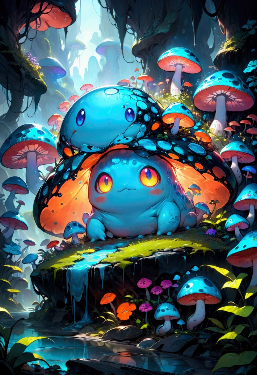 A slime creature, detailed slimy texture, gooey and viscous appearance, cute eyes, bright neon colors, fluorescent glowing, surreal fantasy landscape, colorful alien environment, glowing mushrooms, bioluminescent plants, cinematic lighting, detailed 3D render, vibrant colors, high detail, masterpiece, best quality, very aesthetic, absurdres