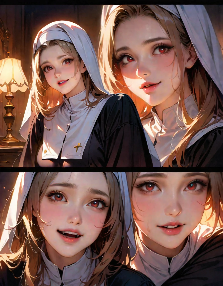 young beautiful woman,(best quality,Highly detailed descriptions,Incredibly absurd high resolution,Anatomically accurate depiction,Charming bridges),(glowing skin,glowing skin,spread),(Nun,複雑な光沢のあるのNunの服),Eyelashes,(Intensely shining red eyes,crazy eyes,There is a gap in the chest,a charming smile,shiny lips,Seductive gestures),sweat,whole body,background:bedroom at night